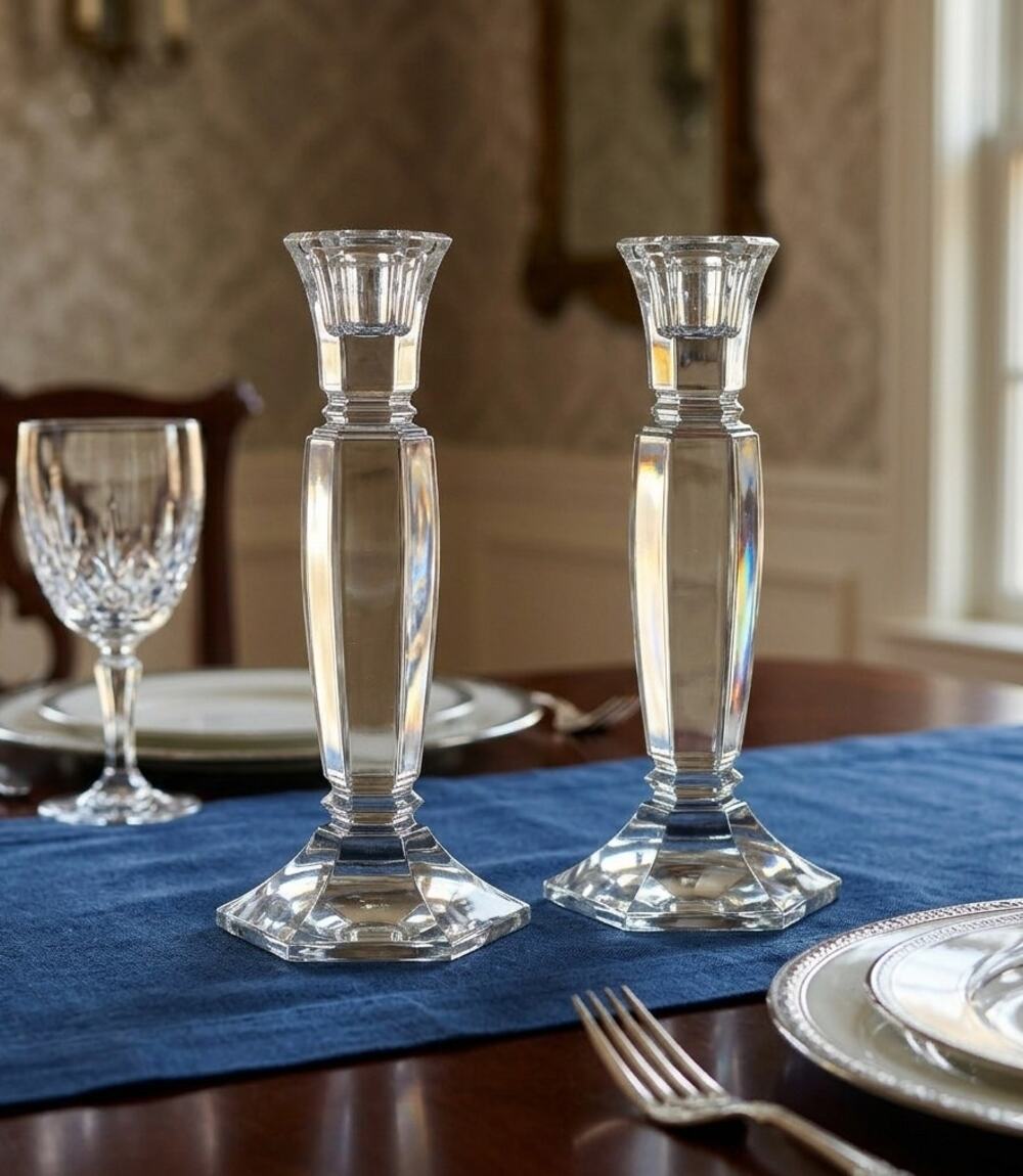 WATERFORD ODESSA Hexagonal Pillar Crystal Candlesticks 7.75" Set 2 Vtg Discontin